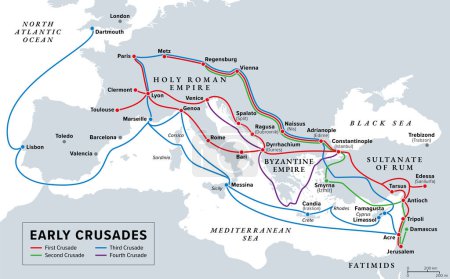 Early Crusades, gray history map. First four Crusades, a series of religious wars to the Holy Land, to conquer Jerusalem and its surrounding area by the Christian Latin Church in the medieval period.