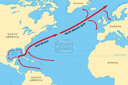 Ilustración de Mapa de la Corriente del Golfo con su extensión norte North Atlantic Drift. Corriente cálida y rápida del Océano Atlántico, se origina en el Golfo de México, fluye a través del Estrecho de Florida y hasta la costa de EE.UU.. - Imagen libre de derechos