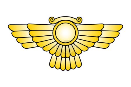 Ilustración de Emblema de sol alado del dios Ashur, un disco de sol con alas. También se deletrea Ashshur, el dios principal de la mitología asiria en la religión mesopotámica, y el dios de la ciudad de Assur.. - Imagen libre de derechos