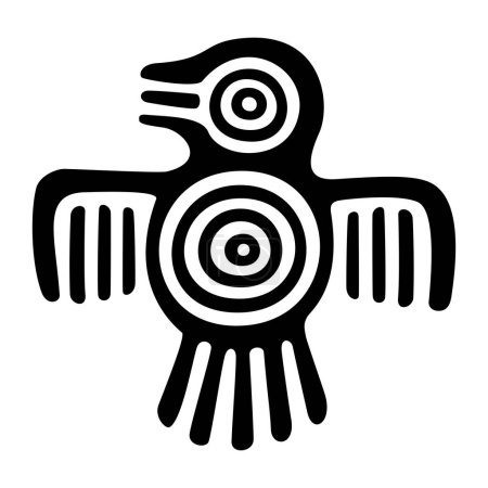 Illustration for Fantastic bird symbol of ancient Mexico. Decorative Aztec flat stamp motif, showing a bird, as it was found in Tenochtitlan, the historic center of Mexico City. Isolated black and white illustration. - Royalty Free Image