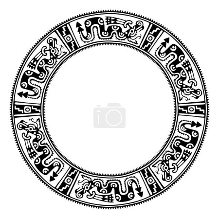 Illustration for Circle frame with Aztec serpent pattern. Border made with a motif similar to a cylindrical clay stamp of ancient Mexico, found in Veracruz. Coatl, the snake, is the fifth day sign in Aztec calendar. - Royalty Free Image