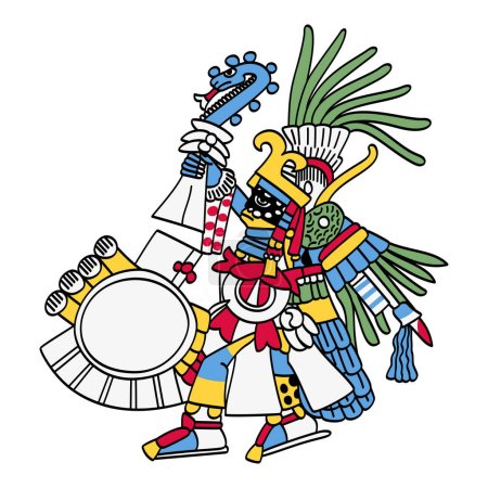 Illustration for Huitzilopochtli, patron god of the Aztecs and capital city Tenochtitlan. Solar and war deity of sacrifice, wielding Xiuhcoatl, the fire serpent, as weapon, as he is depicted in the Codex Borbonicus. - Royalty Free Image