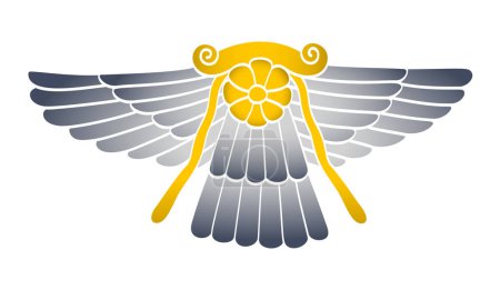 Ilustración de Disco solar alado del dios Ashur, un emblema del sol con alas. Símbolo de Ashshur, el dios principal de la mitología asiria en la religión mesopotámica, y el dios de la ciudad de Assur. - Imagen libre de derechos