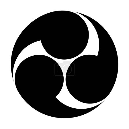 Japanese tomoe symbol, the left threefold Mitsudomoe. A swirl of three commas or tadpoles, circumscribed in a circle. Widely used for or emblems, banners, rituals, festivals and in Shinto shrines.