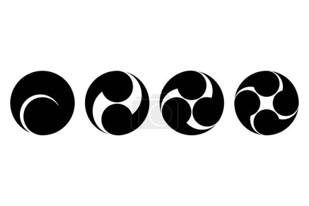 Japanese tomoe symbols, from left onefold to left fourfold. Four swirls of commas or tadpoles, circumscribed in a circle. Widely used for emblems, banners, rituals, festivals and in Shinto shrines.