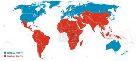 Globaler Norden und globaler Süden, politische Weltkarte, die Länder zeigt, die nach ihrer Ökonomie klassifiziert sind. Industrieländer blau hervorgehoben, Entwicklungs- und am wenigsten entwickelte Länder rot.