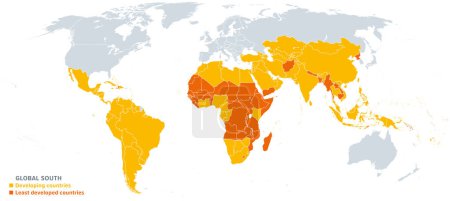 Ilustración de El Sur Global, mapa político mundial, que muestra a los países en desarrollo o territorios destacados en amarillo, los países menos desarrollados en naranja, y el Norte Global en color gris. Ilustración. Vector. - Imagen libre de derechos