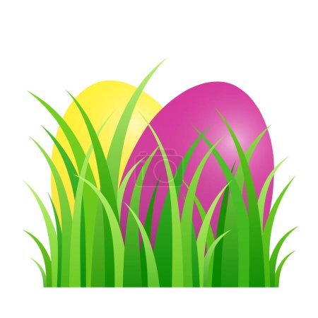 Téléchargez les illustrations : Œufs de Pâques cachés dans l'herbe verte. Œufs de Pâques colorés, disposés dans un morceau de pelouse. Un symbole pour une chasse aux œufs, une chasse au trésor jouée à Pâques au cours de laquelle les enfants cherchent des œufs de Pâques cachés. - en licence libre de droit