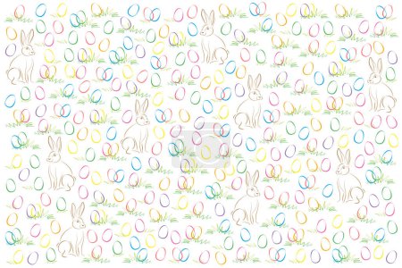 Easter egg and Easter bunny pattern. Numerous randomly arranged and colorful easter eggs hidden in green grass, in between an easter bunny here and there. Hidden object picture, and background. Vector