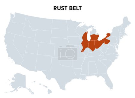 Illustration for Rust Belt of the United States, political map. Region in the Northeastern and Midwestern United States, experiencing industrial and economic decline, population loss and urban decay since the 1950s. - Royalty Free Image