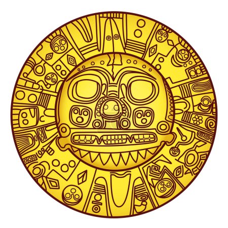 Goldene Sonne von Echenique. Prähispanische goldene Platte von unbekannter Bedeutung, die vielleicht den Sonnengott Inti darstellt. Von Inka-Herrschern als Brustpanzer getragen, seit 1986 das Wappen der Stadt Cusco in Peru.