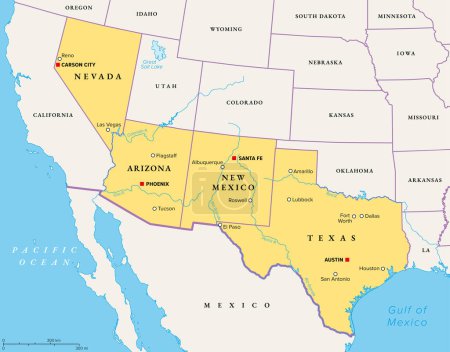 Région sud-ouest des États-Unis, carte politique. États du Sud-Ouest américain ou simplement du Sud-Ouest. Région géographique et culturelle, bordée par le Mexique. Arizona, Nouveau-Mexique, Nevada et Texas.