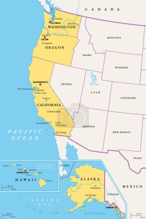 Westküstenregion der Vereinigten Staaten mit Alaska und Hawaii, politische Landkarte. Auch bekannt als Pazifikküste, Pazifikküste und Westküste. Alaska, Kalifornien, Hawaii, Oregon und Washington.