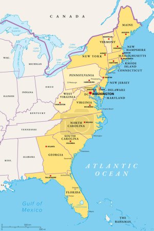 Illustration for East or Atlantic Coast of the United States, political map. Eastern Seaboard states with coastline on Atlantic Ocean highlighted in yellow and states considered part of the East Coast in light yellow. - Royalty Free Image