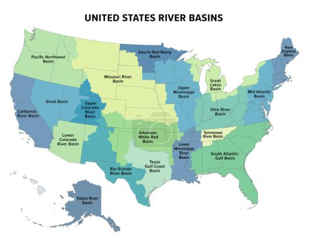 Große Flusseinzugsgebiete der Vereinigten Staaten, politische Landkarte. Neunzehn große Flusseinzugsgebiete, die in verschiedenen Farben hervorgehoben werden. Karte mit der Silhouette der USA, die auch die Grenzen der einzelnen Staaten zeigt.