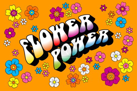 Flower-Power-Schriftzug umgeben von zahlreichen und bunten Hippie-Blumen auf orangefarbenem Hintergrund. Slogan, der in den 60er und 70er Jahren als Symbol für passiven Widerstand und gewaltfreie Ideologie verwendet wurde.