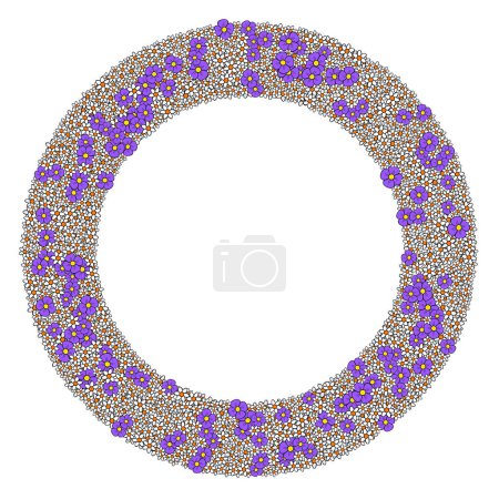 Floral wreath made of numerous tiny white and purple flowers. Circle frame with a lot of randomly arranged blossoms. Isolated illustration, on white background. Vector.