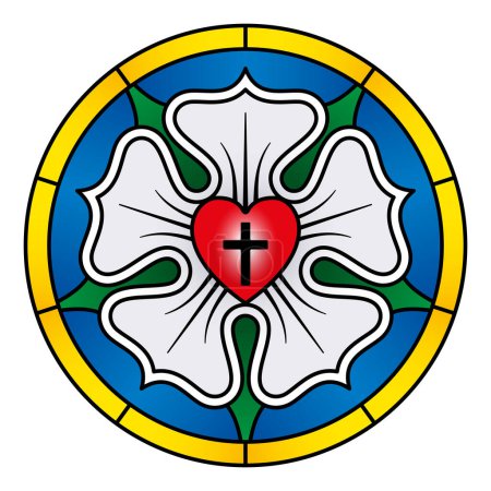 Illustration for Luther rose, symbol of Lutheranism. Luther seal, expression of theology and faith of Martin Luther, consisting of a Roman cross, over a red heart, in a single white rose over blue, with a golden ring. - Royalty Free Image