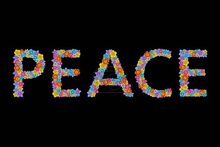 PEACE lettering, made of colorful fantasy flowers. Numerous vibrant blossoms are randomly arranged, to form the english word PEACE. Anti-war symbol. Isolated illustration on black background. Vector.