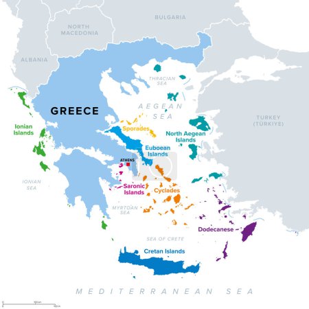 Illustration for Greek island groups, islands of Greece, political map. The greek islands are traditionally grouped into clusters, most of them lying in the Aegean Sea, an elongated embayment of the Mediterranean Sea. - Royalty Free Image