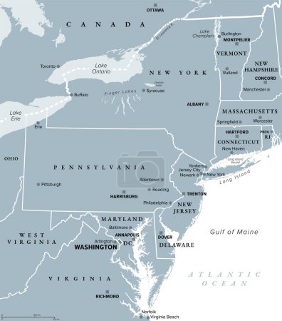 Mittelatlantische Region der Vereinigten Staaten, graue politische Landkarte. Die Überschneidung zwischen den nordöstlichen und südöstlichen Bundesstaaten, einschließlich Delaware, D.C., Maryland, New Jersey, New York und Pennsylvania.
