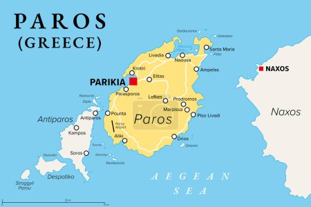 Paros, Greek island, political map. Island of Greece in the Aegean Sea, west of Naxos, and part of the Cyclades. With the islands Antiparos, Despotiko and Stroggyli in the west. Illustration. Vector.