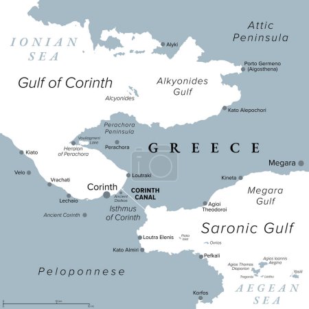 Kanal von Korinth, künstliche Wasserstraße in Griechenland, graue politische Landkarte. Verbindung des Golfs von Korinth mit dem Saronischen Golf, des Ionischen Meeres mit der Ägäis, Trennung der Halbinsel Peloponnes von der attischen Halbinsel.