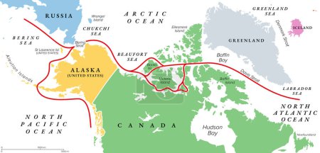 Passage du Nord-Ouest, PNT, carte politique. Voie maritime entre l'océan Atlantique et l'océan Pacifique à travers l'océan Arctique, le long de la côte de l'Amérique du Nord par des voies navigables à travers l'archipel arctique du Canada.