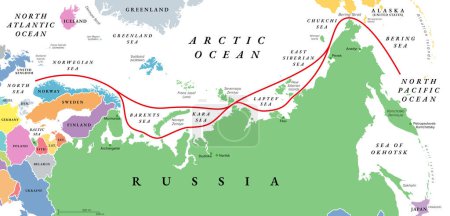 Northeast Passage, NEP, including Northern Sea Route, mapa político. Ruta marítima entre los océanos Atlántico y Pacífico, a lo largo de las costas árticas de Noruega y Rusia, que se extiende entera en aguas árticas.