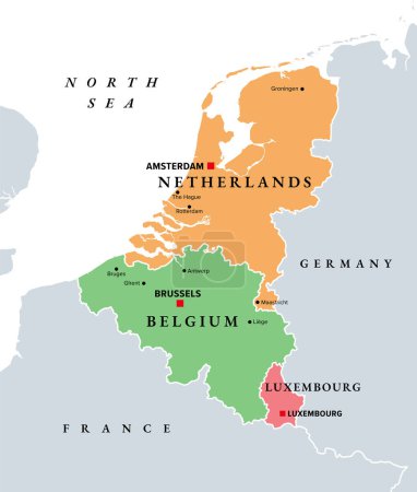 Benelux, Benelux Union member states, political map. Politico-economic union and formal international intergovernmental cooperation of the European states Belgium, the Netherlands, and Luxembourg.