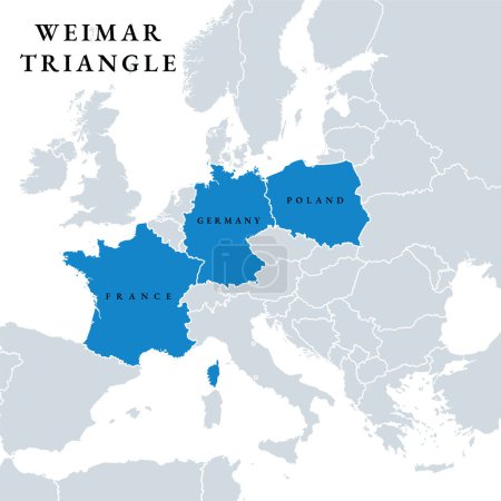 Mitgliedsstaaten des Weimarer Dreiecks, politische Landkarte. Regionales Bündnis zwischen Frankreich, Deutschland und Polen, das 1991 in Weimar gegründet wurde, um die grenzüberschreitende Zusammenarbeit zwischen den Ländern zu fördern.