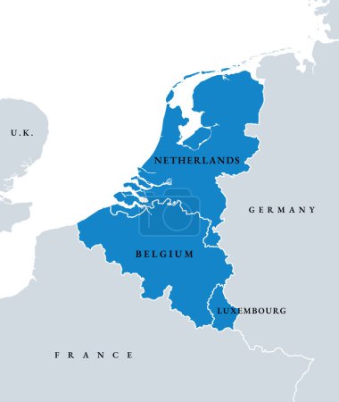 Benelux-Länder, politische Landkarte. Mitglieder der politisch-wirtschaftlichen Union und der formellen internationalen zwischenstaatlichen Zusammenarbeit der europäischen Staaten Belgien, Niederlande und Luxemburg.