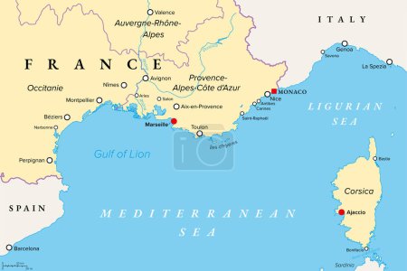 Illustration for Southern France coastline, political map. Southernmost part of France, that border the Mediterranean Sea. Map with part of Occitania, Provence, French Riviera, Corsica, and with most important cities. - Royalty Free Image