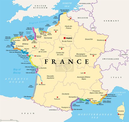 Las costas de Francia, mapa político. Las costas y playas más importantes de Francia. Nombres comúnmente utilizados y populares de los tramos en el turismo. Mapa con las regiones de Francia y las ciudades más importantes.