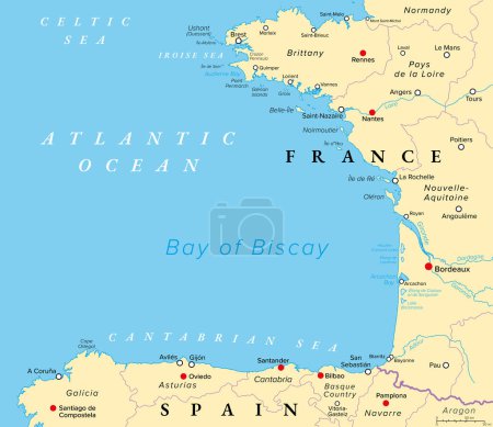 Golf von Biskaya, auch als Golf von Gascogne bekannt, politische Landkarte. Golf des nordöstlichen Atlantiks, südlich der Keltischen See, entlang der Westküste Frankreichs und der Nordküste Spaniens.
