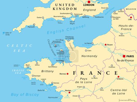 Norte de Francia, mapa político. Costa de Francia y Reino Unido a lo largo del Canal de la Mancha, y a lo largo del Golfo de Vizcaya, con las Islas del Canal. Costas de Hauts-de-France, Normandía y Bretaña.