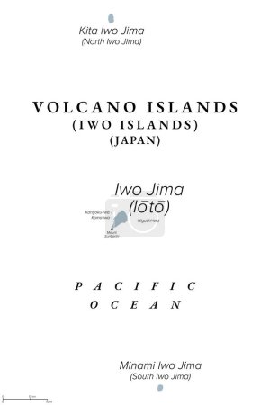 Illustration for Volcano Islands, also known as Iwo Islands, gray political map. Three volcanic islands of Japan, located in the Pacific Ocean, and part of the Nanpo Islands. Iwo Jima, North and South Iwo Jima. Vector - Royalty Free Image