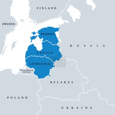 Les États baltes ou les pays baltes, carte politique. Terme géopolitique englobant l'Estonie, la Lettonie et la Lituanie, parfois simplement appelés les pays baltes, les trois membres de l'Union européenne.