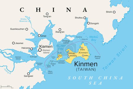 Kinmen, also known as Quemoy, political map. Group of islands governed as county by Taiwan, Republic of China, only 10 km east from the city of Xiamen, located at the southeastern coast of China, PRC.