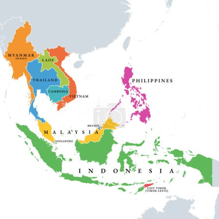 Illustration for Southeast Asia countries, political map. Geographical region of Asia, bordered by East and South Asia, by the Bay of Bengal, Oceania, the Pacific Ocean, and bordered by Australia and the Indian Ocean. - Royalty Free Image