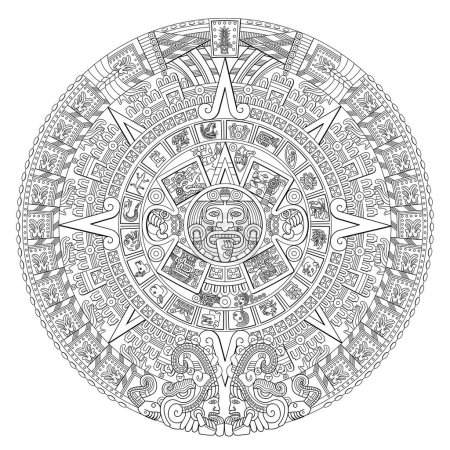 Ilustración de Azteca Sun Stone. En el centro del disco aparece el glifo llamado movimiento con la cara de la deidad solar Tonatiuh, rodeado por los signos de 20 días. En el top 13-Reed, el año del Quinto Sol, 1479. - Imagen libre de derechos