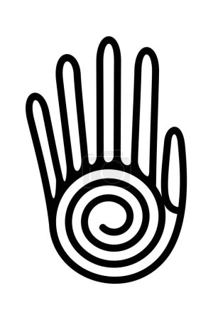 Illustration for Human hand with spiral, healing hand symbol of native Americans. Decorative Aztec clay stamp motif, found in pre-Columbian San Andres Tuxtla, Veracruz. Fingers connected with a linear spiral as palm. - Royalty Free Image