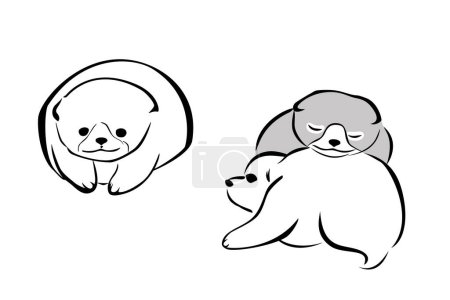 Three Kishu dog puppies, in the style of Japanese watercolor painting with wide brush strokes. Modeled on a woodblock print from the Edo period, in the year 1802. Isolated illustration. Vector.