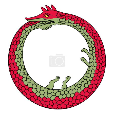 Illustration for Ouroboros or uroboros, an ancient symbol for eternal cyclic renewal or a cycle of life, death and rebirth, depicting a serpent or dragon eating its own tail. Symbol in hermeticism and alchemy. Vector - Royalty Free Image