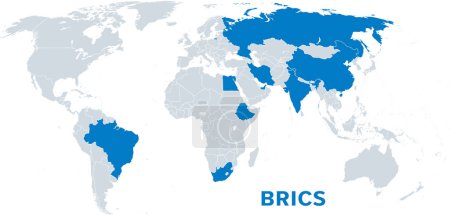 BRICS, mit neuen Mitgliedsstaaten ab 2024, politische Landkarte. BRICS für Brasilien, Russland, Indien, China und Südafrika. Heute bekannt als BRICS plus mit den Schwellenländern Ägypten, Äthiopien, Iran und VAE.