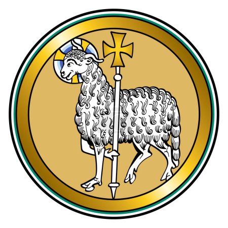 Agnus Dei, the Lamb of God, a medieval visual representation of Jesus as a lamb, carrying a halo and holding a standard with a cross, symbolizing the victory, as described in the Book of Revelation.