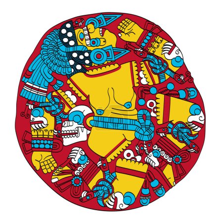 Ilustración de Coyolxauhqui, diosa azteca de la Luna, como se representa en el antiguo disco de piedra en el Templo Mayor en la Ciudad de México. Su nombre significa Pintado con Campanas, hija mayor de la sacerdotisa Coatlicue, Falda de Serpiente. - Imagen libre de derechos