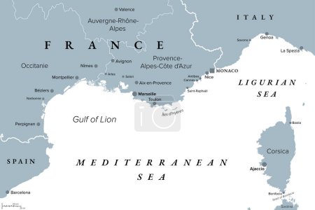 Côte sud de la France, carte politique grise. Partie la plus méridionale de la France, bordant la mer Méditerranée. Carte avec une partie de l'Occitanie, la Provence, la Côte d'Azur, la Corse et les villes les plus importantes.