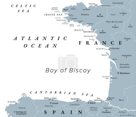 Bay of Biscay, also known as Gulf of Gascony, gray political map. Gulf of the northeast Atlantic Ocean lying south of the Celtic Sea, along the western coast of France and the northern coast of Spain.