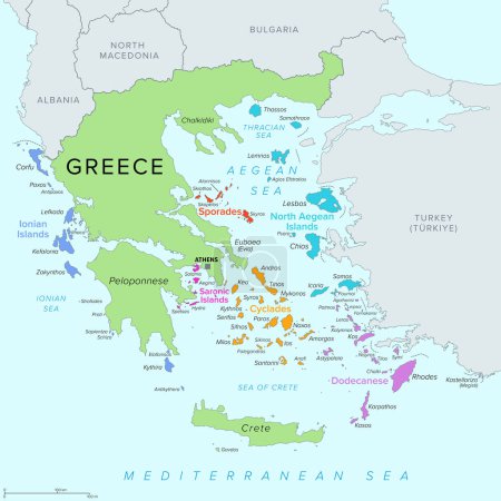 Islas de Grecia, mapa político. Grupos y clusters de islas griegas. Las islas Cícladas, Dodecaneso, Esporadas, Egeo del Norte y Sarónico que se encuentran en el Mar Egeo, las Islas Jónicas en el Mar Jónico.